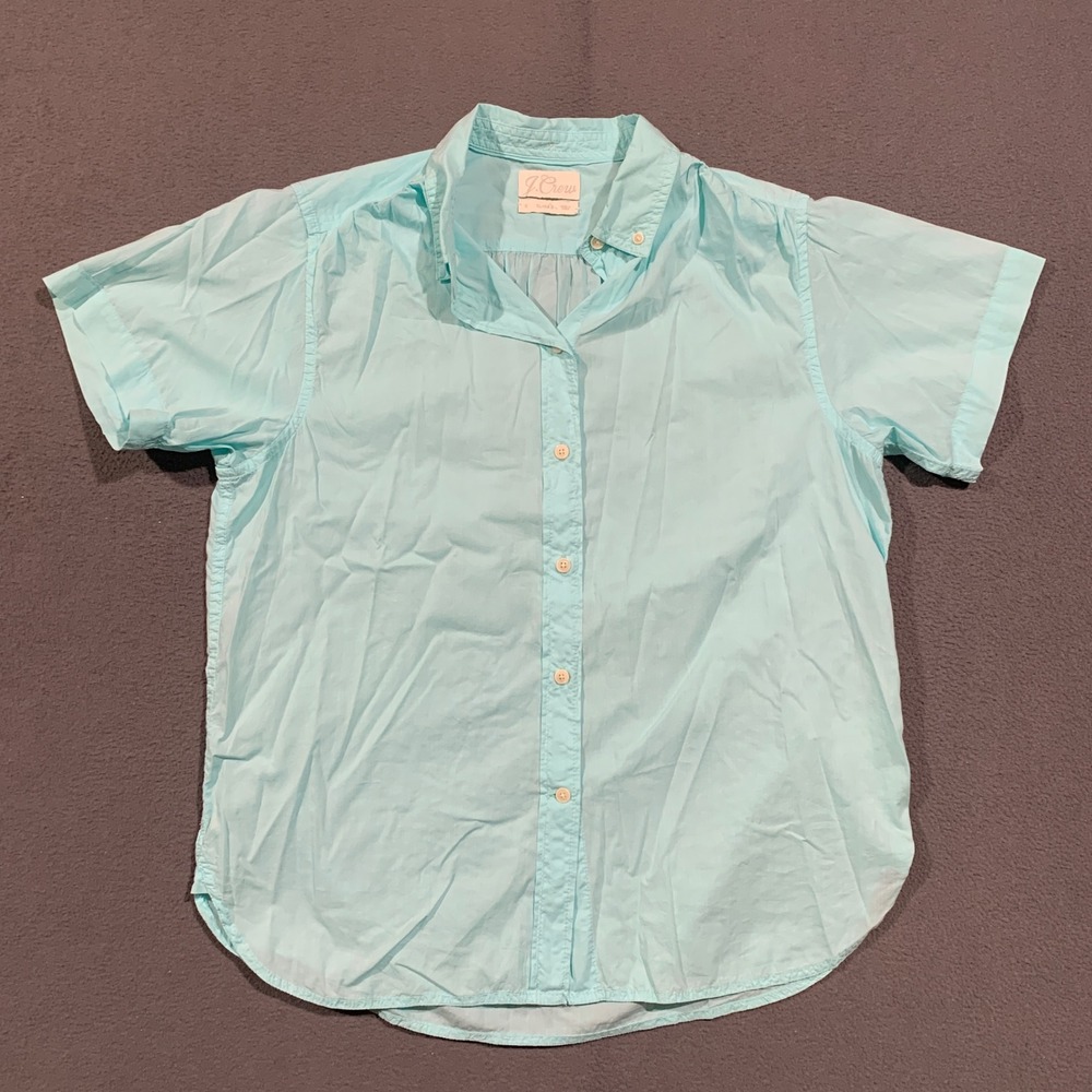 J.Crew Button Down Shirt Womens 10 Aqua Blue Short Sleeve Cotton Classic Fit